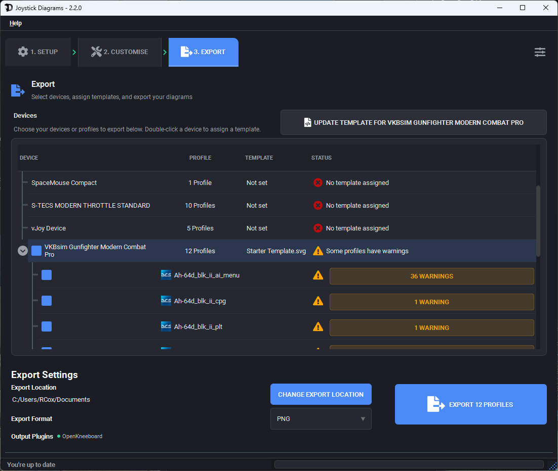 Export screen in Joystick Diagrams
