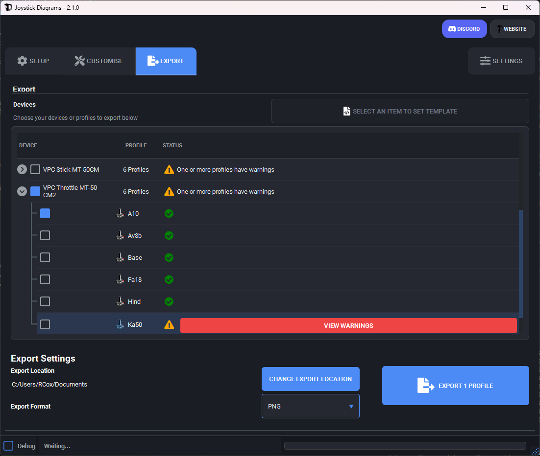 Export screen in Joystick Diagrams